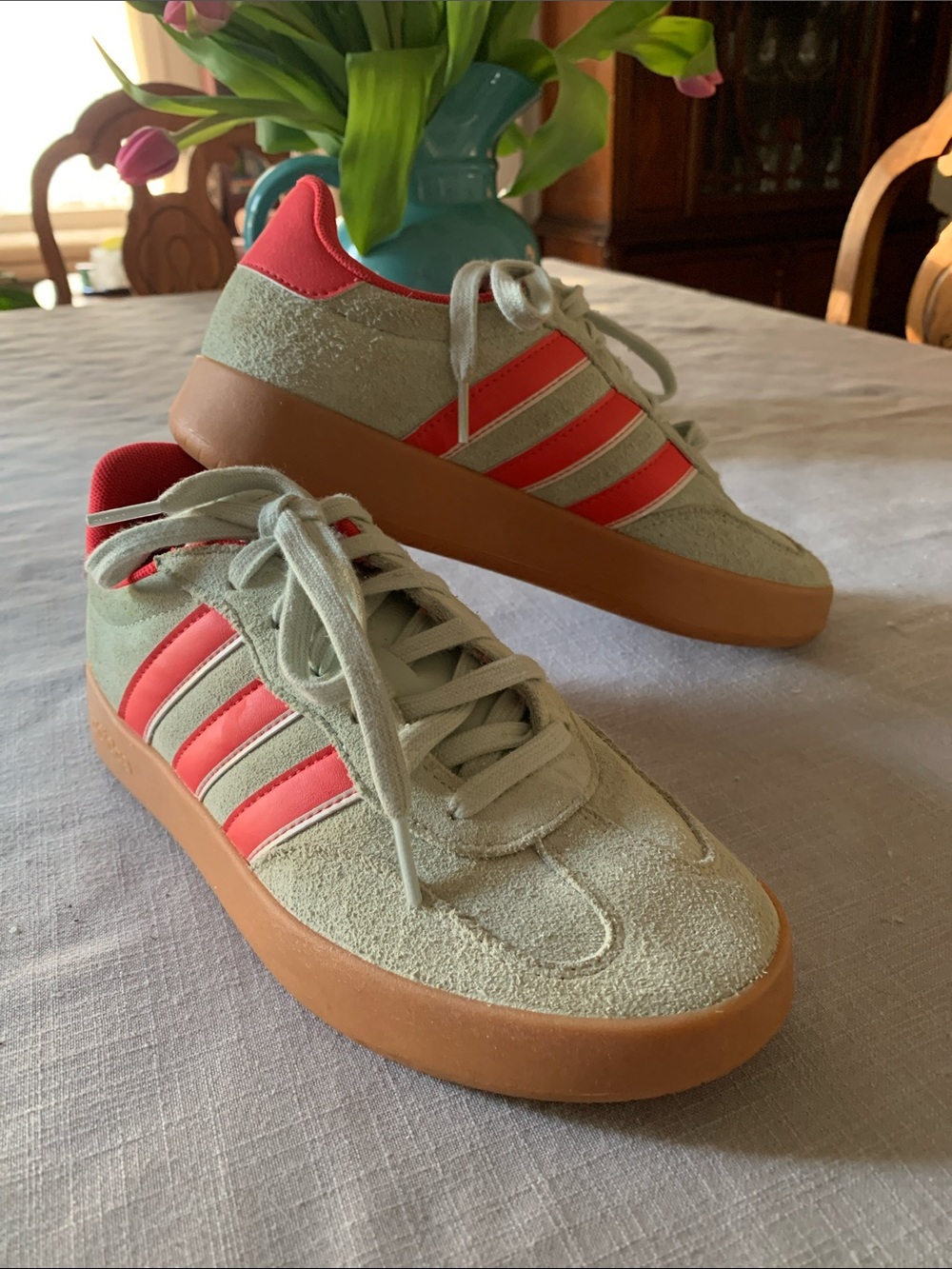 Adidas Burreda Light Green Suede Sneakers with Coral Stripes and Gum Sole